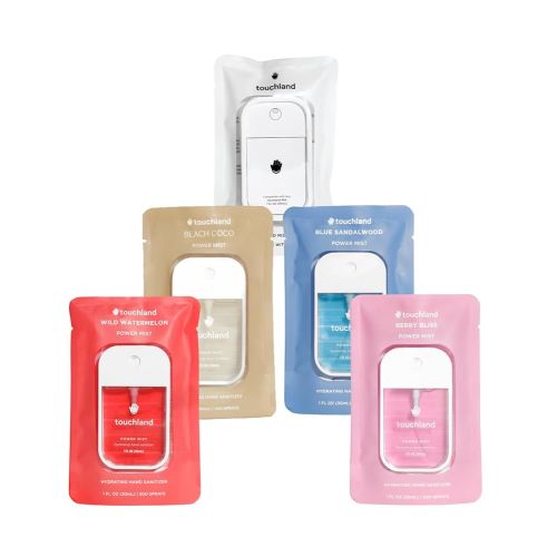 Touchland Hydrating Hand Sanitizer Spray Bundle, DREAM 5 Set (Watermelon, Berry, Beach Coco, Sandalwood Power Mists, Icy White Hand Mist Case), 1 FL. OZ. Travel Size
