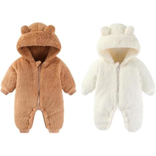 White and Brown 0-3 Months Newborn Baby Bear Onesie Outfit Suit Girls Boys Fleece Jumpsuit Romper Hooded Winter Snowsuit Clothes