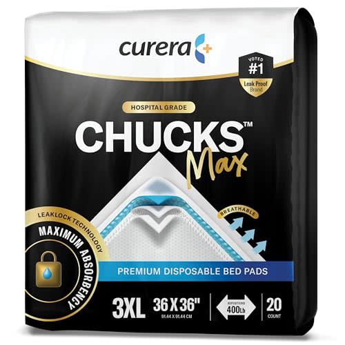 Curera CHUCKS MAX Adult Disposable Bed Pads 3XL (36 x 36"), 400 Lbs. 20 Pads, Package May Vary
