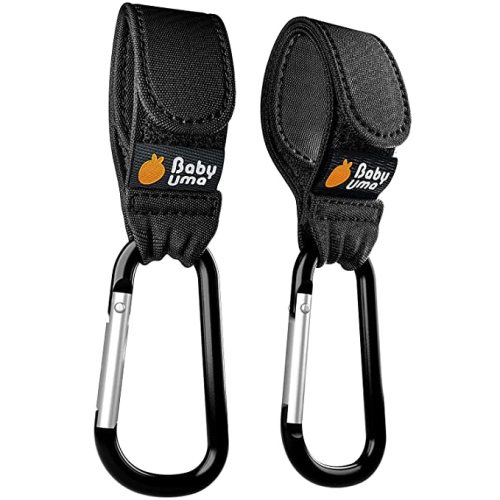 Baby Uma Baby Stroller Hooks for Bags - 2-Pack of Stroller Clips for Diaper Bag, Carry 11 lbs per Stroller Carabiner Clip, Adjustable Stroller Straps, Stroller Bag Hook, Universal Stroller Accessories - Canvas Black