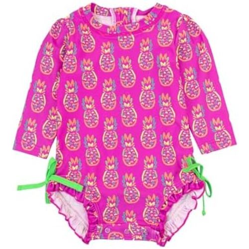 RuffleButts Baby Girls UPF 50+ Sun Protection Floral Printed Long Sleeve One Piece Rash Guard Swimsuit with Zipper