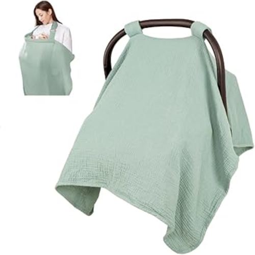 2 in 1 Muslin Infant Car Seat Cover, Multi-Purpose Breastfeeding Covers for Nursing, Breathable Carseat Cover for Baby Girls, Green