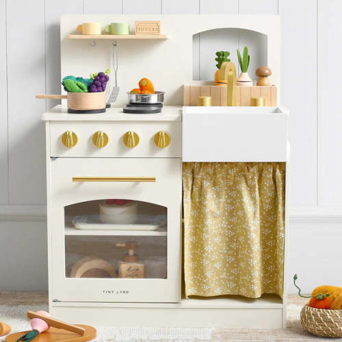 Tiny Land Wooden Play Kitchen Honey Kitchenette with Pretend Cooking Set