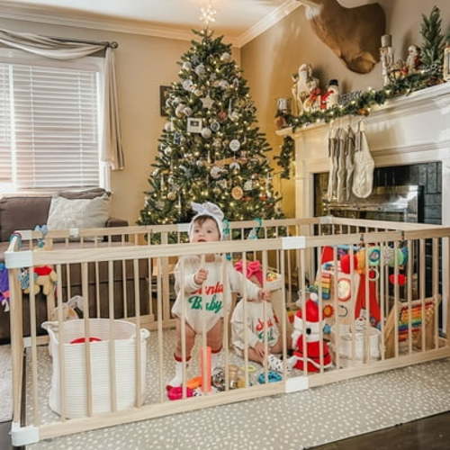 HARPPA Wooden Baby Gate Playpen, Large Play Yard Fence for Toddlers, Adjustable Shape, 79.5" x 71.5" x 24"
