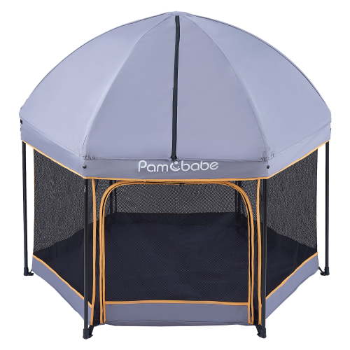 Pamo Babe Unisex Premium Indoor and Outdoor Baby Playpen - Portable, Lightweight, Toddler Play Yard w/Canopy and Travel Bag - Grey