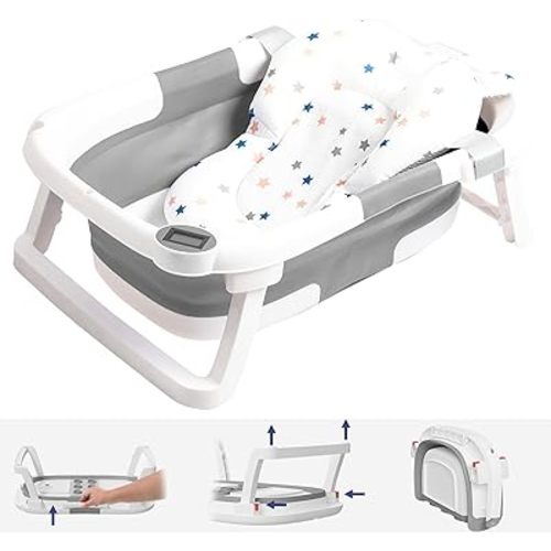 Collapsible Baby Bathtub,Baby Bath Tub with Soft Cushion & Thermometer,Baby Bathtub Newborn to Toddler 0-36 Months,Portable Travel Baby Tub,Gray
