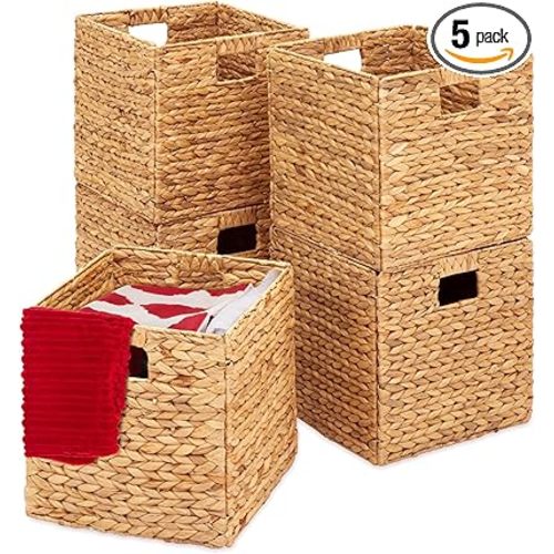 Best Choice Products 10.5x10.5in Pack of 5 Cube Storage Baskets, Water Hyacinth Multipurpose Collapsible Organizers, Handwoven Laundry Totes for Laundry, Living Room, Kids Room & Nursery - Natural