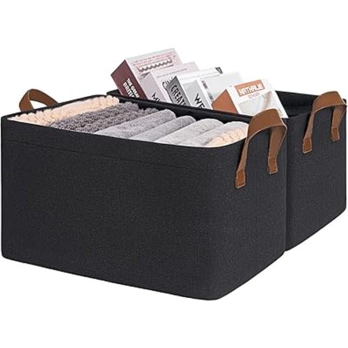 CHICVITA Black Storage Bins Shoe Basket for Entryway, Closet Toy Storage Bins with Handles for Kids, Small Laundry Basket, 14 ¾" L x 10 ¼" W x 8 ¼" H, 2-Pack