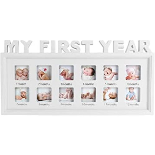 My First Year Picture Frames Baby Moments Keepsake Photo Frame Newborn Infant Collage Frame Boys Girls Shower Gift Wall hanging 12 Month Frame for Room Wall Nursery Décor Elegant White Natural Wood (white)