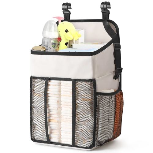 Maliton Hanging Diaper Organizer - Caddy for Changing Table, Crib, Pack n' Play - Stacker Holds 52+ Diapers - Nursery Organizer & Baby Shower Gifts - Beige
