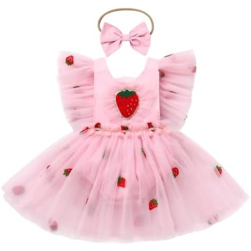 ODASDO Infant Baby Girls Strawberry Flower Flutter Sleeve Princess Romper Dress First Birthday Cake Smash Outfits