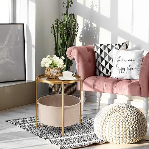 danpinera Round Side Table with Fabric Storage Basket, Metal Side Small Bedside Table Nightstand with Removable Tray Top for Living Room, Bedroom, Nursery, Laundry, Gold