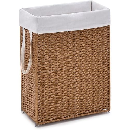 Slim Wicker Laundry Hamper, 55L Handwoven Rattan Basket with Handles, Narrow Laundry Basket with Removable Liner Bag & 2 Mesh Bags