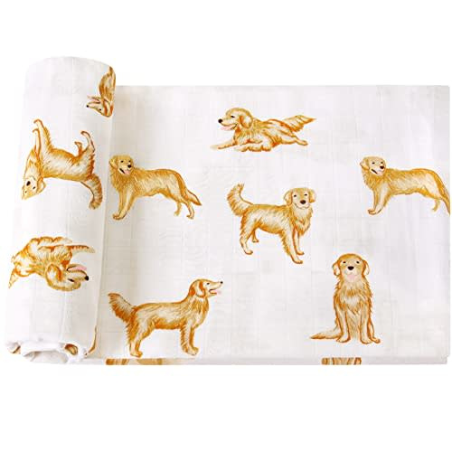 LifeTree Muslin Swaddle Blankets, 70% Viscose from Bamboo and 30% Cotton Baby Swaddle Blankets Unisex Swaddling Blanket Neutral for Newborn, Soft Large 47" x 47", Golden Retriever Baby Blanket