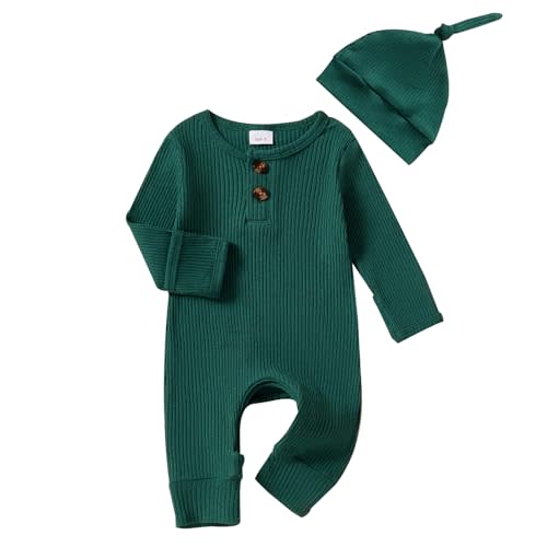 Infant Boys Girls Clothes Set Newborn Baby Romper Hat Ribbed Knit Long Sleeve Button Solid Bodysuit Jumpsuit