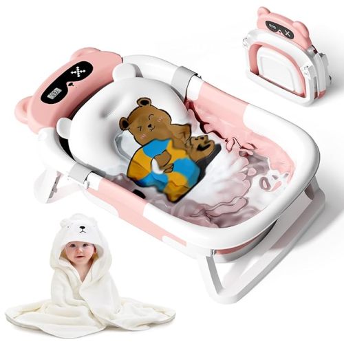 Collapsible Baby Bathtub for Newborn to Toddler (0-18 Months) - Foldable Baby Bath Tub with Soft Towel, Newborn& Infant Bathtub for Travel and Outdoor, Pink