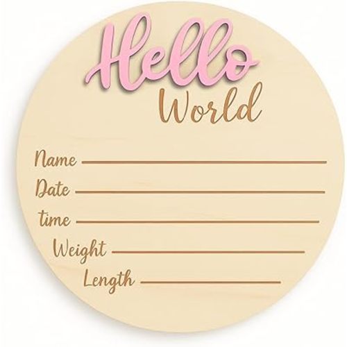 Baby Announcement Sign – 6” Wooden Hello World Newborn Name Sign, Hospital Birth Stat Plaque, Gender-Neutral Welcome Baby Keepsake, Personalized Photo Prop for Boys & Girls, Newborn Gift (Pink)