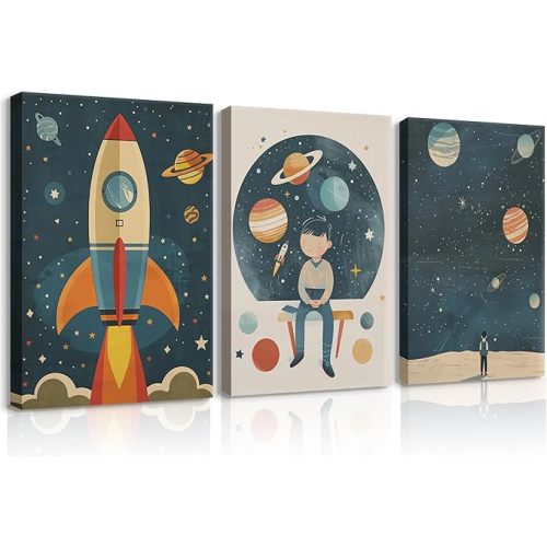 3 Pcs Astronaut Wall Art Whimsical In Space Prints Nursery Space Adventure Posters Explore Dream Galaxy Funny Planet Painting Rocketship Wall Decor For Boys Girls Kids Bedroom Living 16x24in Canvas