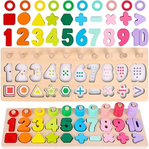 LovesTown Wooden Number Puzzle, Shape Sorting Stacking Counting Game Montessori Toys for Kids Preschool Learning Toys for Boys Girls Birthday Gifts