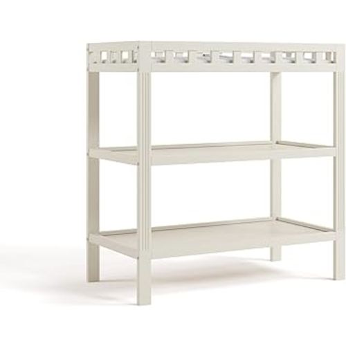 Storkcraft Morningside Changing Table (Frosted Oat) – GREENGUARD Gold Certified Baby Changing Table, Includes Waterproof Diaper Changing Pad, Easy 30-Minute Assembly, 2 Open Shelves for Storage
