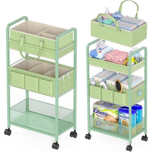 2in1 Baby Diaper Caddy Organizer Cart, 3-Tier Rolling Cart, Metal Diaper Caddy Carts, Bedside Carts for Nursery Essentials Storage, Detachable Dividers, Large Capacity, Green