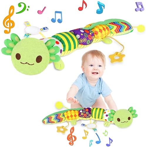 Baby Toys for 0-6 6-12 Months, Sensory Music Animal Stuffed Toy for 0 1 2 3 4 5 6+ Month, Plush Axolotl Toy with Crinkle and Rattles for Infant Newborn, Tummy Time Toys Gifts for 0-3-6-12 Month, Green
