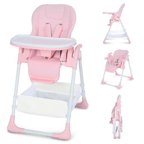 AILEEKISS Foldable Baby High Chair with Wheels, Adjustable Recline Toddler Eating Chair, Pink