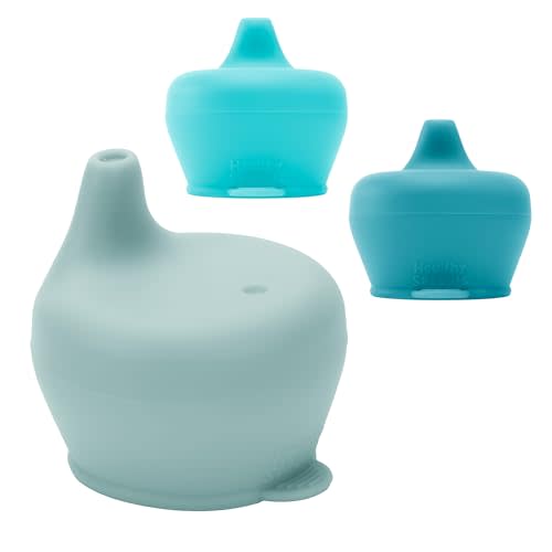 Healthy Sprouts Silicone Sippy Cup Lids - Spill Proof, Fits Any Cup, BPA-Free, Durable & Soft for Babies & Toddlers, Quick to Attach - 3 Pack Silicone Lids for Cups (Steel Blue, Pool, Ice Blue)