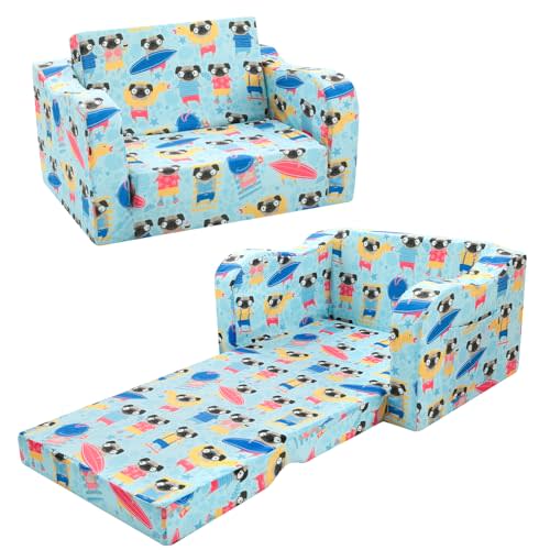 Folding Kids Couch, Foldable Chair Comfy for Toddlers 1-3, Toddler Couch Fold Out Couch 2-in-1 Sofa Bed for Playroom, Toddler Lounge Chair for Boys & Girls