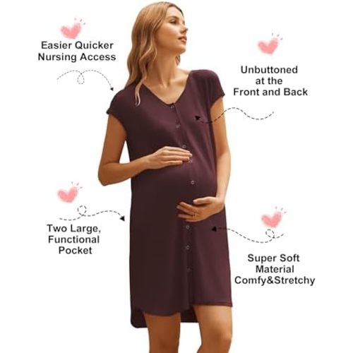 Ekouaer Labor/Delivery/Hospital Gown Nursing Nightgown Maternity Sleepwear With Pockets Postpartum Gowns with Button S-XXL