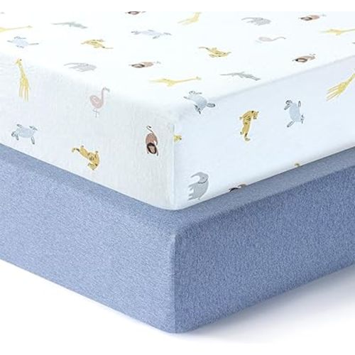 Pack and Play Sheets, 2-Pack, Soft, 100% Cotton Mini Crib Sheets, Baby Mattress Sheets for Boys,Girls, Pack n Play Sheets, Mini Crib Fitted Sheet, 24x38 Mini Crib Sheet | Blue,Animals