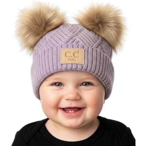 Funky Junque Double Pom Pom Baby Beanie – Newborn Girl Winter Hat 0–12 Months, Cute Cozy Knit Infant Beanies for Cold Weather
