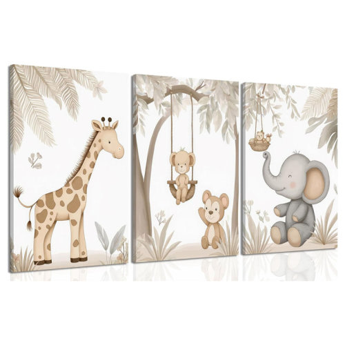 August Grove® 3Pcs Woodland Animal Nursery Canvas Wall Art Neutral Safari Animal Jungle Paintings Pictures Wall Decor Giraff Monkey Elephants Watercolor Poster Printing Artwork For Kids Room Home Decoration | Wayfair