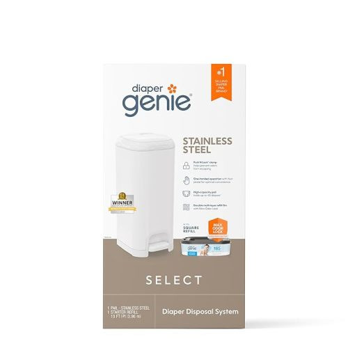 Diaper Genie Select Pail is Made of Durable Stainless Steel and Includes 1 Starter Square Refill That can Hold up to 165 Newborn-Sized Diapers. - White
