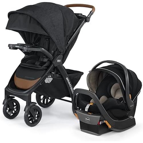 Chicco Bravo Primo Trio Travel System, Quick-Fold Stroller with Chicco KeyFit 35 Zip Extended-Use Infant Car Seat and Stroller Combo | Springhill/Black