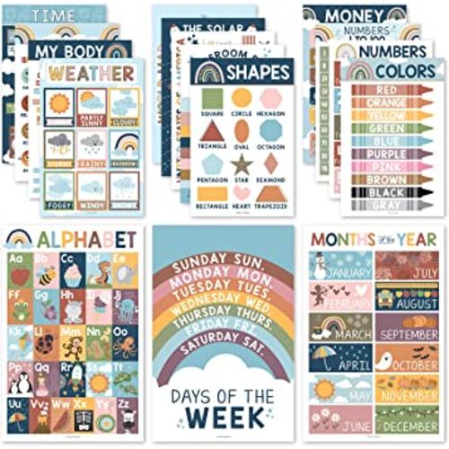 Hadley Designs 16 Boho Kids Educational Posters for Toddlers - Teacher Posters for Classroom Posters Elementary, Pre K Learning Posters for Toddlers 1-3