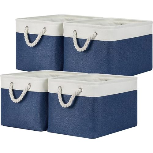 Temary Fabric Storage Baskets 4Pack Storage Bins Decorative Basket for Gift, Clothes Bin with Rope Handle, Rectangle Baskets for Storage, Blankets(White&Blue,15x11x9.5 inch)