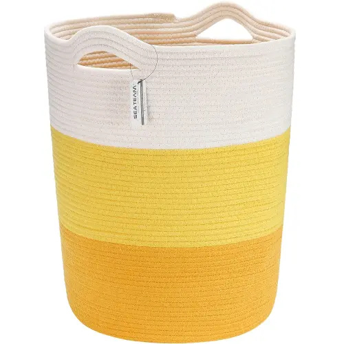 Sea Team Large Size Cotton Rope Woven Storage Basket with Handles, Laundry Hamper, Fabric Bucket, Drum, Clothes Toys Organizer for Kid's Room, 20 x 14 inches, Round Open Design, White & Yellow