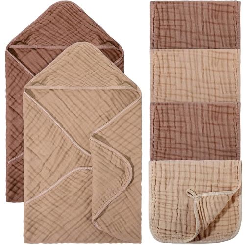 6 Pcs Baby Muslin Hooded Bath Towels and Washcloths, 32 x 32 Inch Muslin Cotton Hooded Baby Towels Absorbent Hooded Blankets for Gift Newborn Infant Shower (Brown,Coffee)