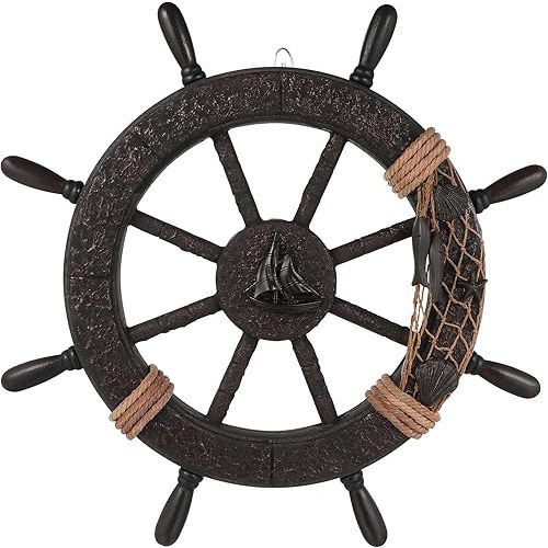 Nautical Wheel Decor, Rustic Boat Steering Sculpture, Fishing Net Wall Art, Rudder Hanging Ornament, Mediterranean Style Captain Wooden Ship Sailor Pointers for Home Beach Theme
