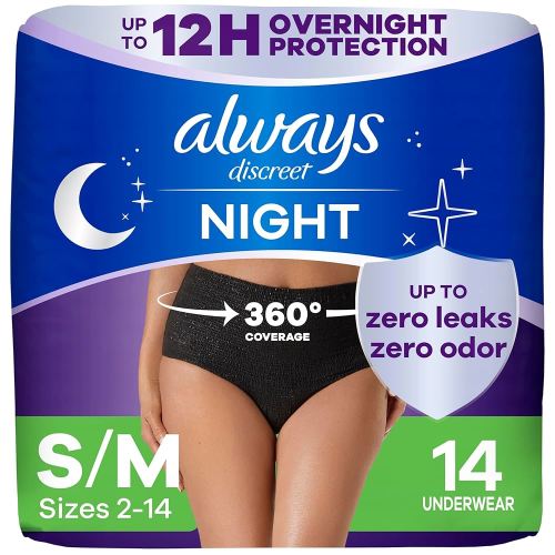 Always Discreet Overnight Adult Incontinence & Postpartum Bladder Leak Underwear for Women, Disposable, Small/Medium, 14 Count