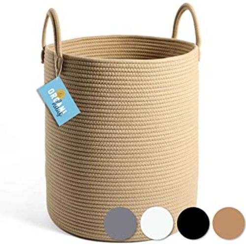 OrganiHaus Large Woven Baskets for Storage | Cotton Rope Baskets for Storage | Tall Blanket Basket for Living Room | Nursery Laundry Basket | Big Basket for Toys | Basket for Blankets - Honey ,Tall (15"x18")