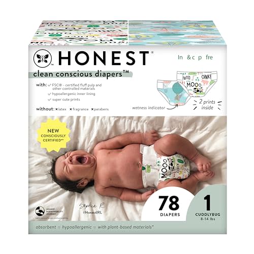 The Honest Company Clean Conscious Diapers | Plant-Based, Sustainable | Above It All + Barnyard Babies | Club Box, Size 1 (8-14 lbs), 78 Count