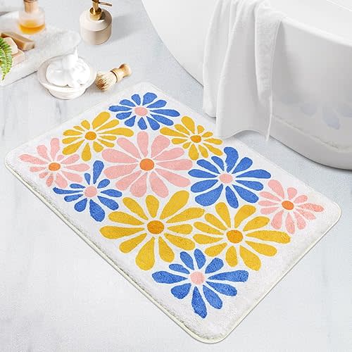 Colorful Bathroom Rugs Bath Mat, Microfiber Fluffy Soft Floor Mats for Bathroom, Non-Slip and Waterproof Back Soft Bathmat, for Indoor Shower Bathtub Decoration (18x26in Cute Floral)