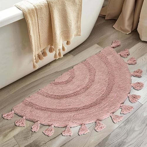 Half Circle Boho Rug for Bedroom Decor Bathroom Rugs with Tassels Soft Cotton Handcrafted Non Slip Blush Pink Boho Bath Rugs for Bathroom Decor Cute Bath Mat Boho Rug for Modern Home Decor 21.2"x36.2"