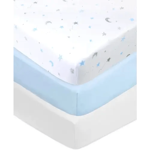 American Baby Company 3 Pack 100% Natural Cotton Fitted Crib Sheets 52" x 28" - Soft, Breathable, Hypoallergenic & Gentle Toddler Bed Sheets, Blue Stars/Blue/White, Neutral for Boys & Girls