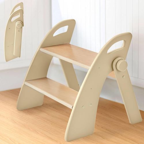 Wooden Step Stool, 300 lb. Load Capacity, with Safety Non-Slip Pads and Handles, Bamboo Step Stool for Bathroom and Kitchen, Children's Double Height(Log Color)