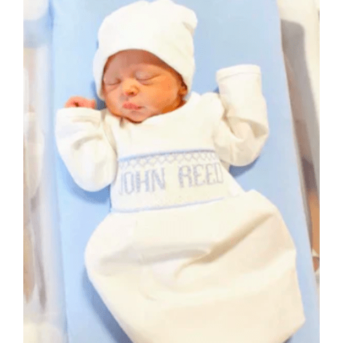 Blue Baby Snuggles - Custom Smocked Pima Gown and Hat