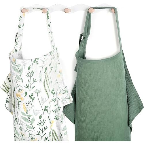 Yoofoss 2 Pack Muslin Nursing Cover for Breastfeeding, Breathable 100% Cotton Breastfeeding Cover with Arch Neckline, Multi-use Nursing Apron Soft Privacy Nursing Covers for Women - Green and Plant