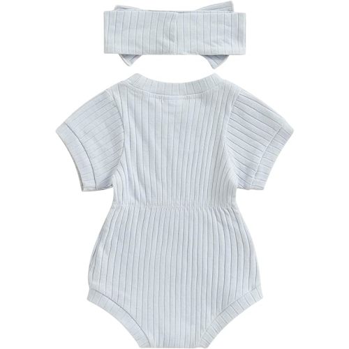 Baby Girl Summer Clothes Ribbed Short Sleeve Romper Solid Color Bodysuits Bow Headband Outfit Newborn Girl Jumpsuit